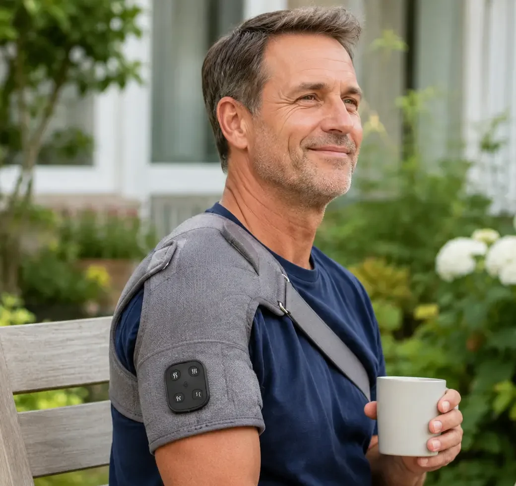Customer wearing Vital Shoulder Massager in the garden