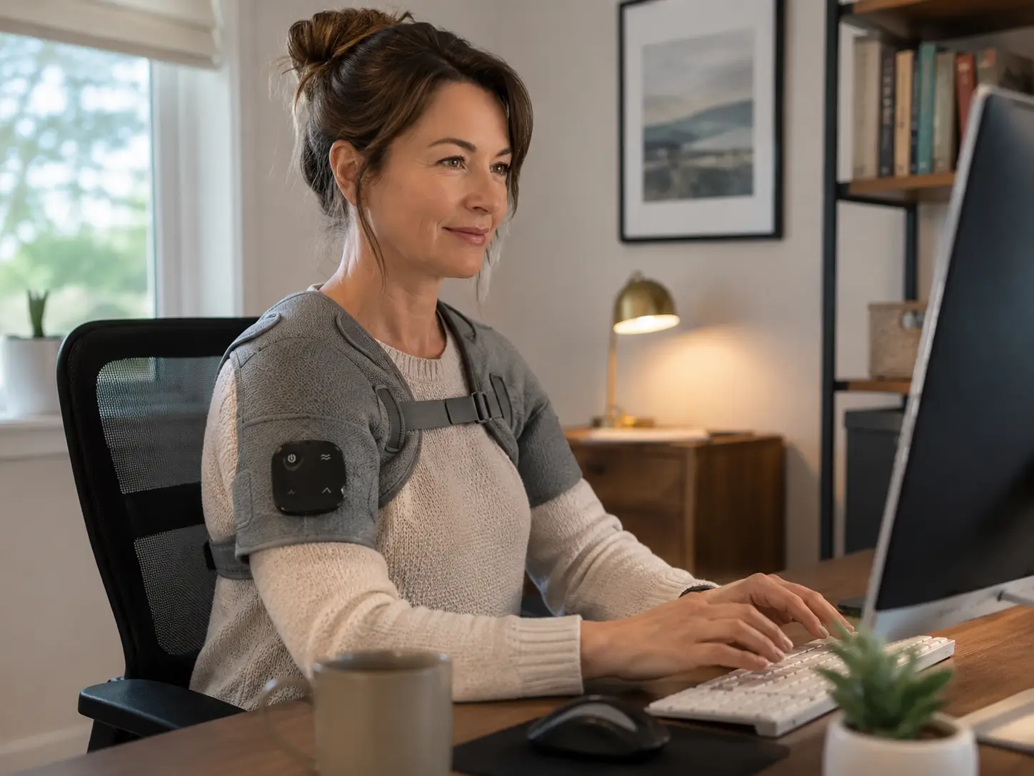 Customer using Vital Shoulder Massager while working
